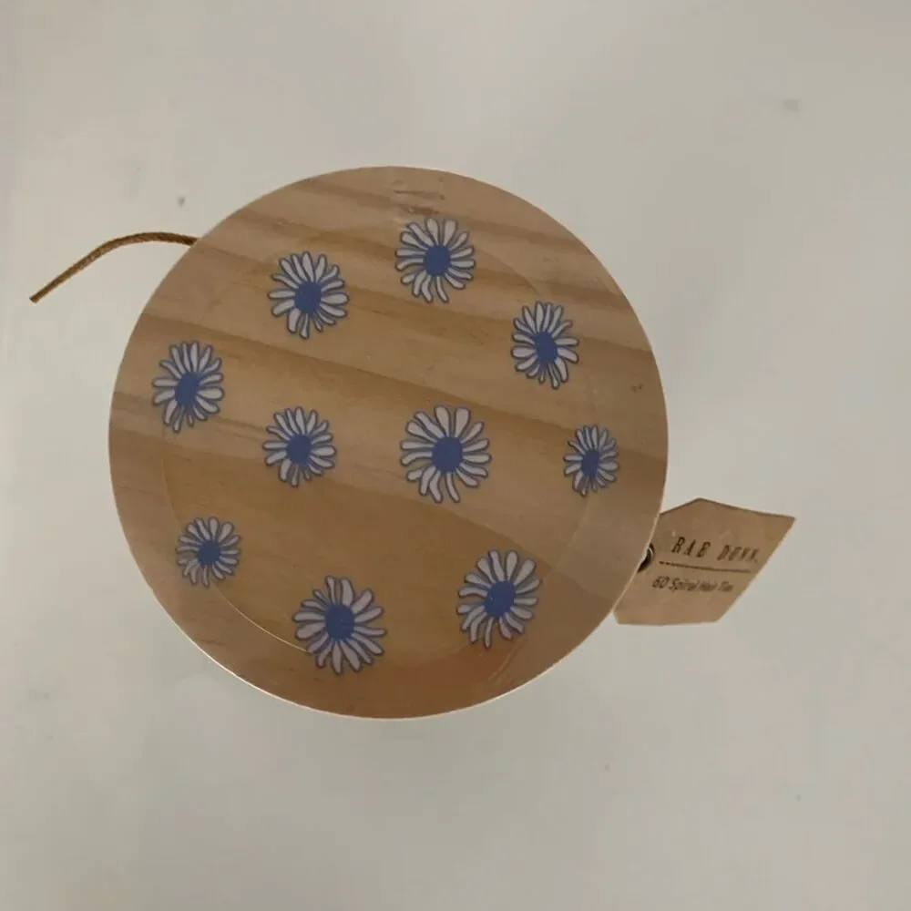 NWT Rae Dunn Hair Ties Jar Blue Daisy Lid with 60 Count Spiral Hair Ties